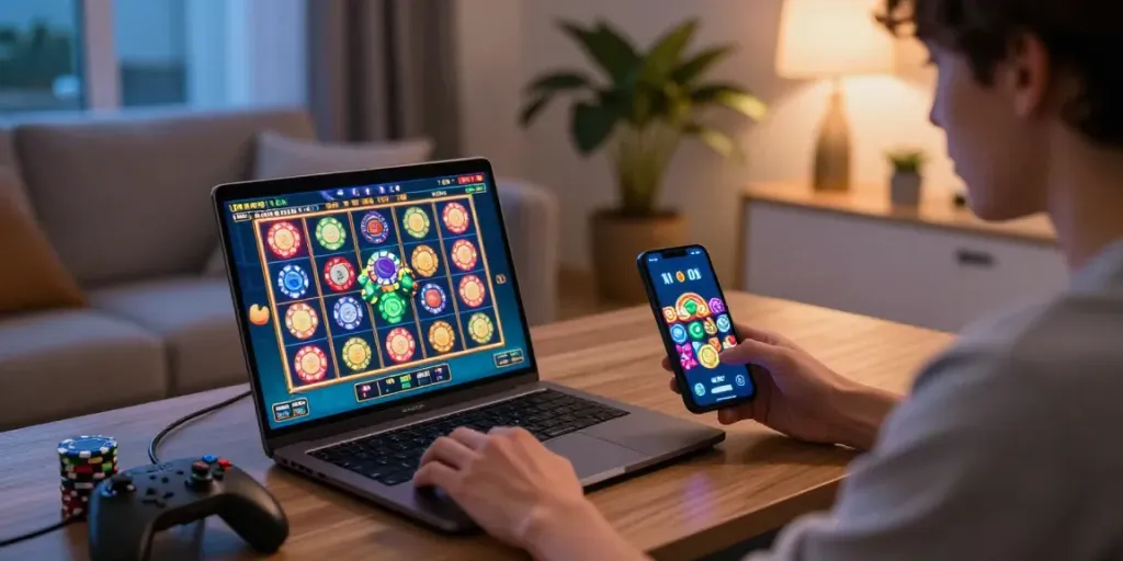 Player enjoying slot gacor hari ini on a laptop in a cozy setting with vibrant graphics and gaming props.