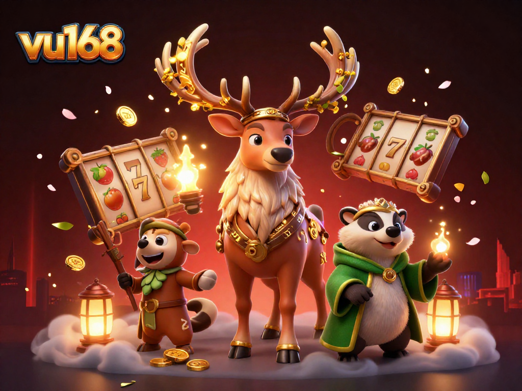Experience the thrilling world of gambling at vu168 with vibrant slot reels and enchanting characters.