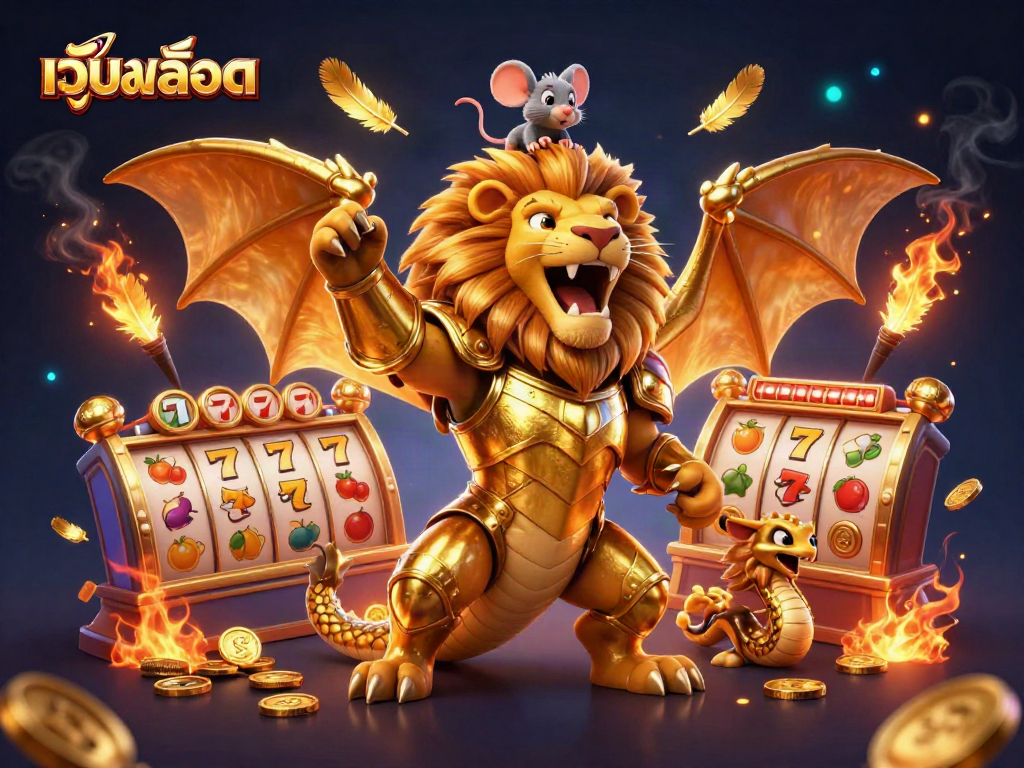Experience thrilling เว็บสล็อต adventures with a roaring chimera and dynamic slot reels in this captivating image.