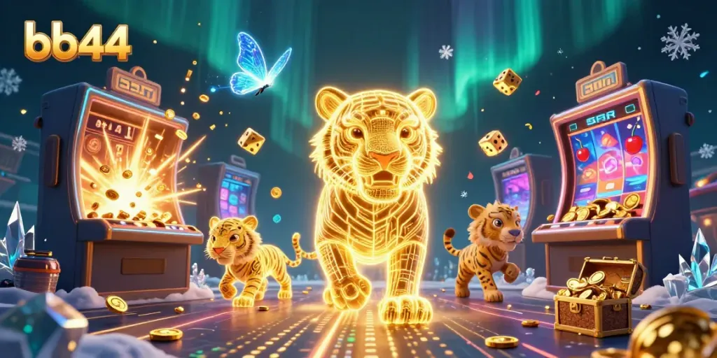 Experience thrilling jackpots with bb44 in a vibrant digital casino atmosphere featuring striking 3D visuals.