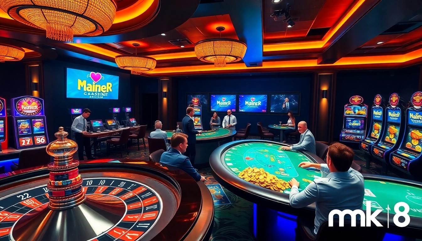 A lively mk8 casino scene with poker tables, a roulette wheel, and engaged players enjoying the games.
