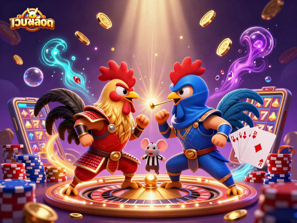 Witness thrilling action in a เว็บสล็อต showdown with roosters in samurai and ninja gear amidst cascading gold!