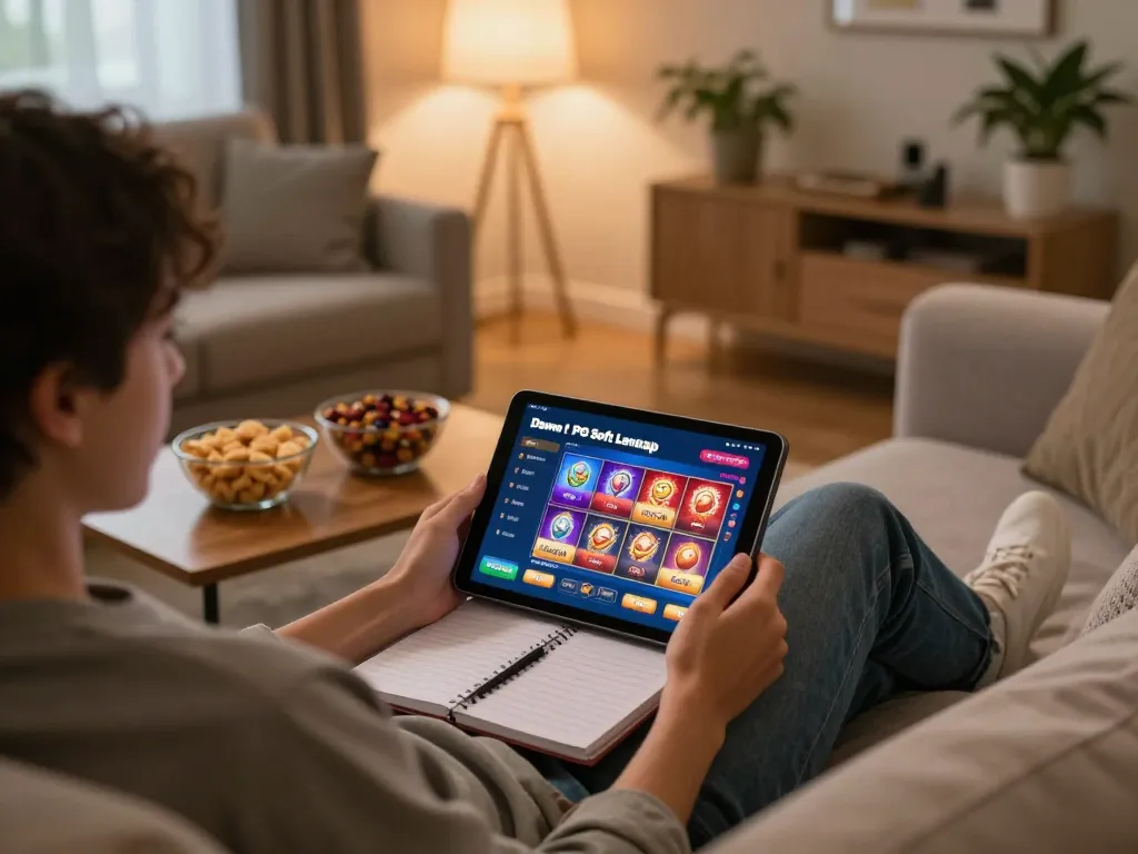 Terlibat dengan demo PG Soft Lengkap secara online, seorang pemain tenggelam dalam pengaturan permainan di rumah yang nyaman menggunakan tablet.