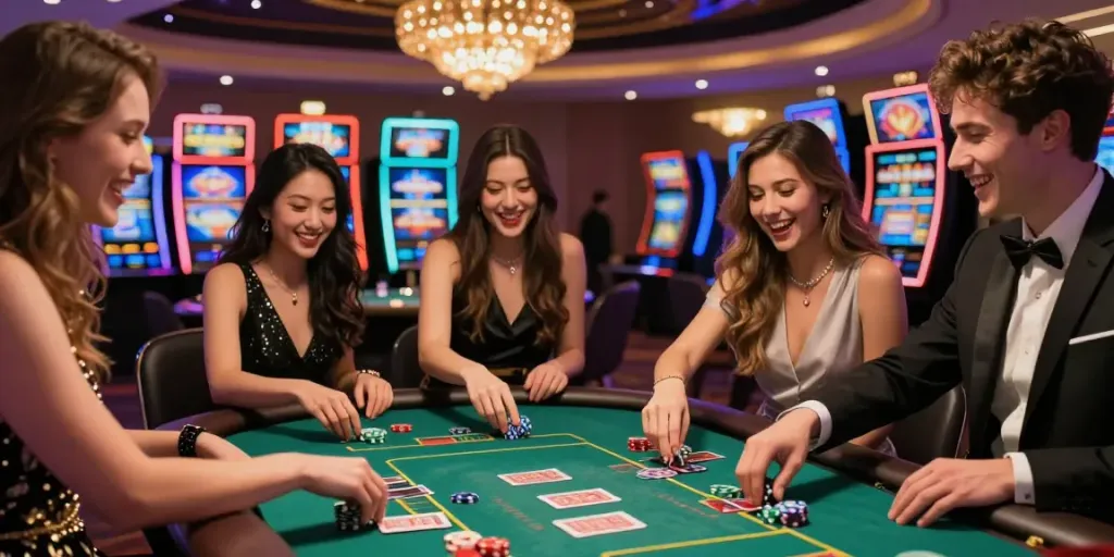 Friends enjoying a lively gaming experience at lotus365 casino.