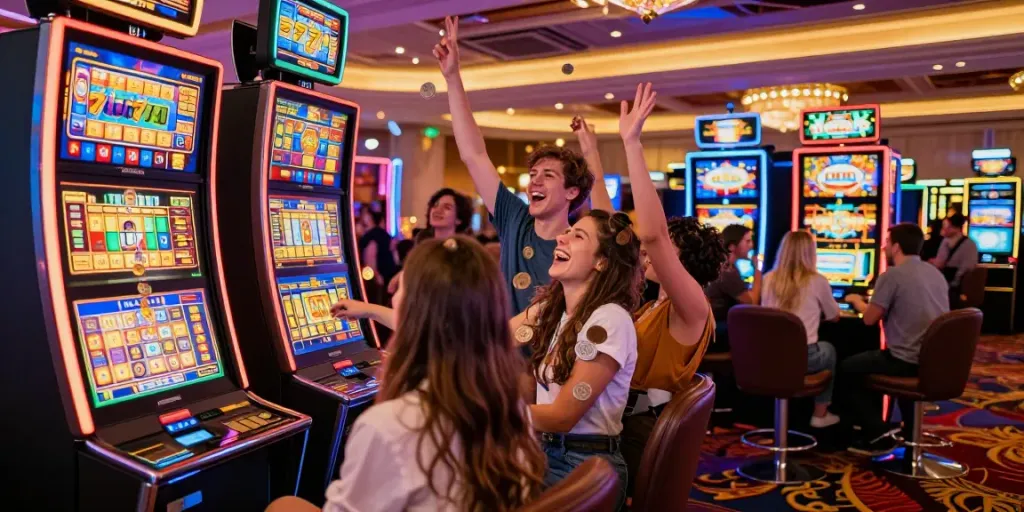 Celebrating a big win at Lucky777 slot machine in a vibrant casino