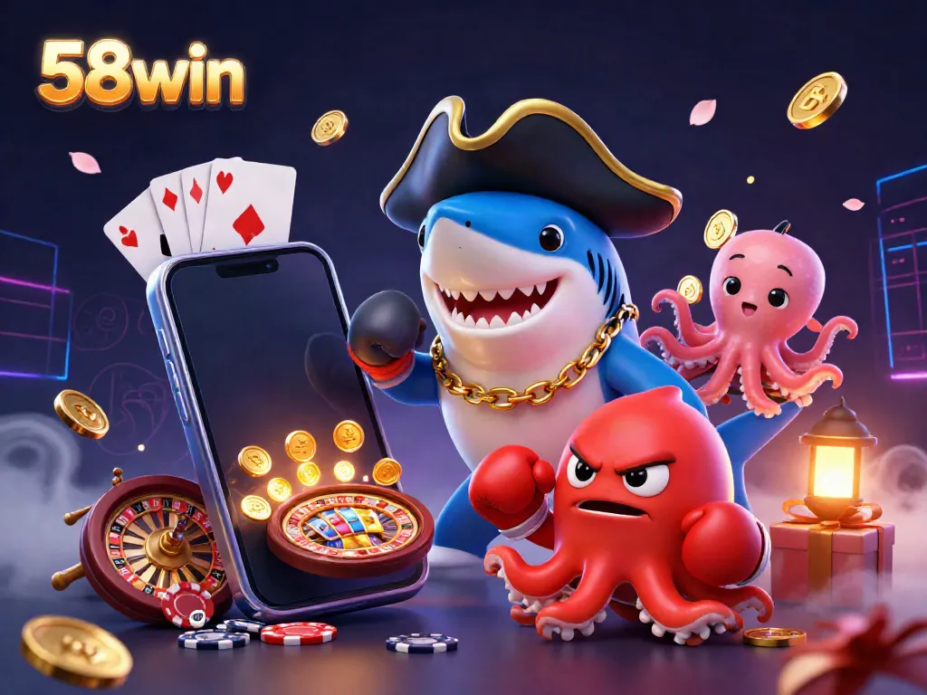 Experience thrilling games at 58win with a vibrant casino scene featuring colorful characters and slot games.