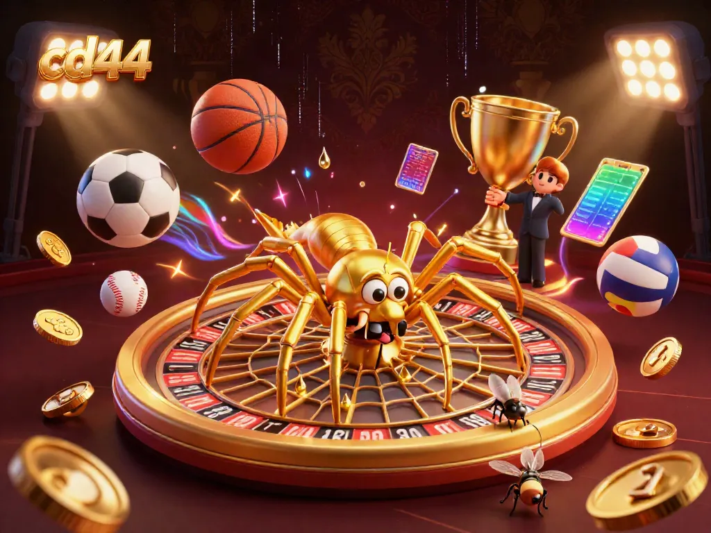 Engaging 3D casino scene with cd44-themed characters, sports betting elements, and vibrant casino ambiance.