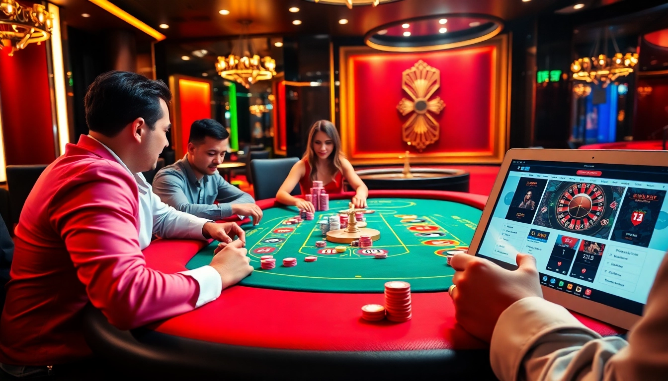 Experience thrilling gameplay at https://www.vvjl11.com/, featuring players at a vibrant poker table in a luxurious casino.