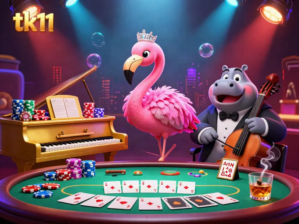 Engage with the vibrant tk11 casino scene featuring a flamingo singer and hippo bassist amidst dynamic poker elements.