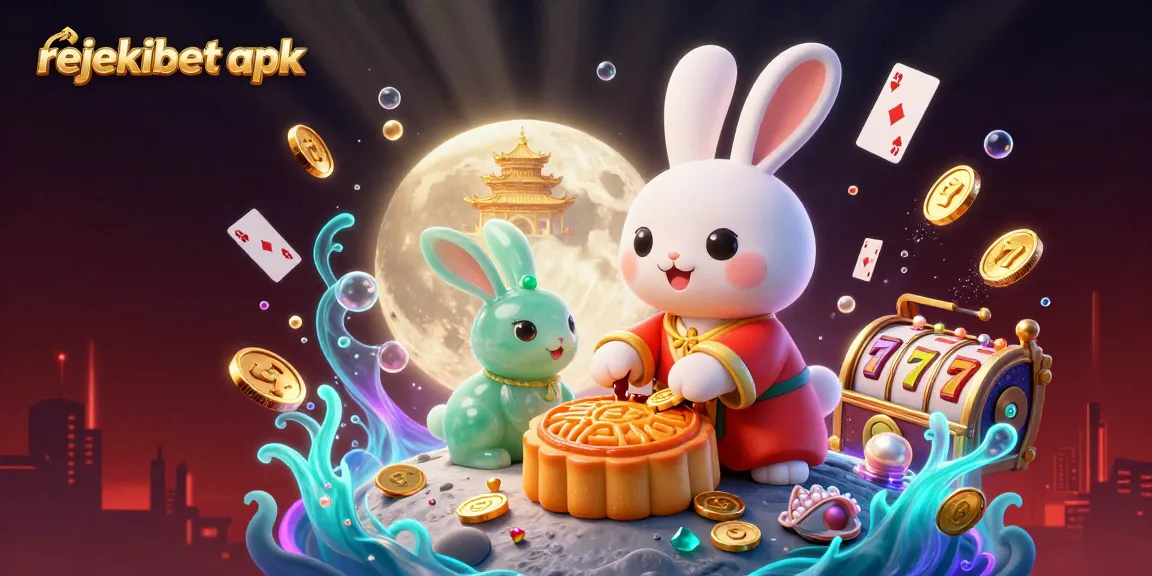 Experience the thrill of rejekibet apk as the moon rabbit reveals poker chips while surrounded by vibrant casino elements.