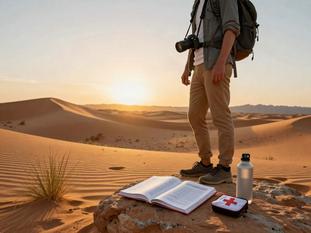 Traveler exploring desert landscape during sunset, focusing on adventure and safari experiences in a captivating setting.