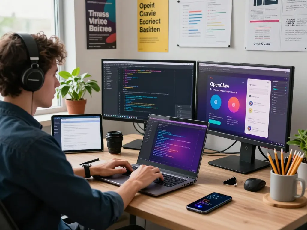 Developer creating the OpenClaw AI assistant in a modern tech workspace with dual monitors and coding tools.