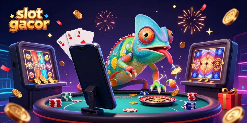Menghadirkan slot gacor, ilustrasi kasino dengan tokoh bunglon 3D yang menangkap koin emas.