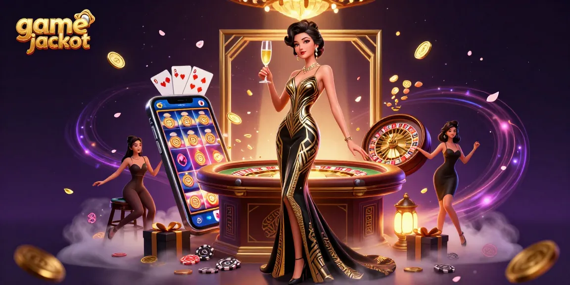 Experience the thrill of game jackpot with an elegant casino scene featuring rich slot elements and celebrations.