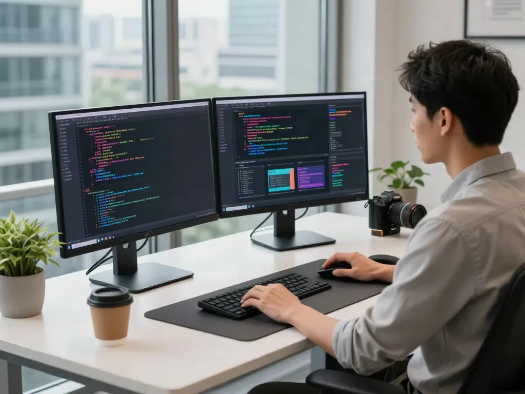 A80 homepage tech workspace with a developer coding on dual monitors in a modern office.