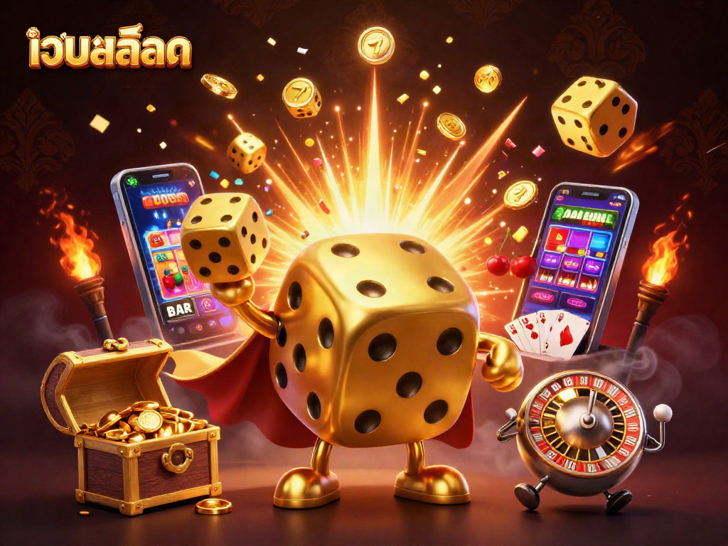 Experience thrilling เว็บสล็อต action with golden dice and explosive jackpots in this vibrant 3D scene.