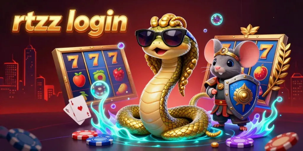 Experience the excitement of rtzz login with friendly characters in a vibrant online casino scene.