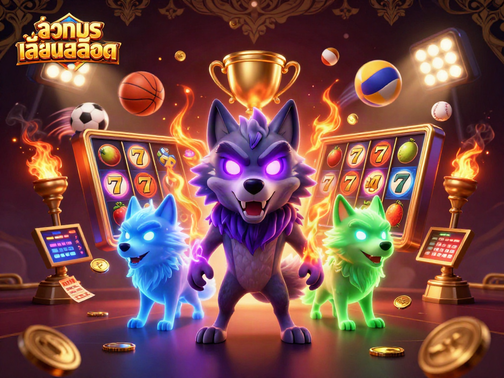 Experience ทดลองเล่นสล็อต with wolves in a vibrant 3D casino scene filled with dynamic slot reels and sports elements.