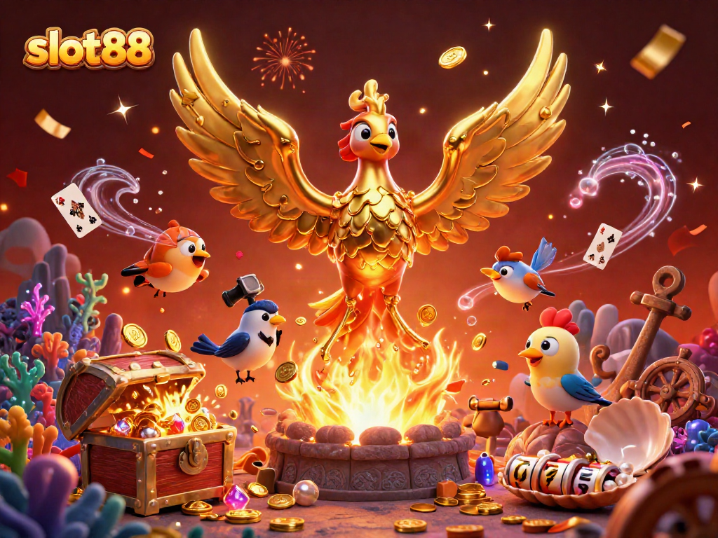 Engage with slot88 slots as the golden phoenix releases coins in a vibrant casino scene.
