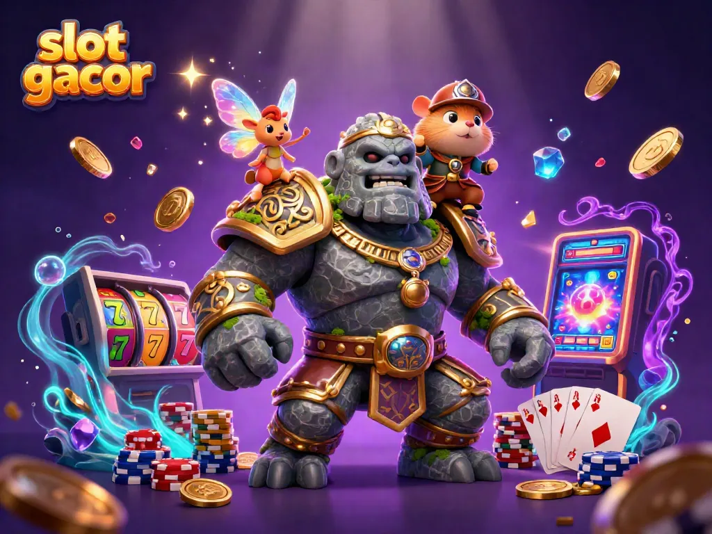 Engage with thrilling slot gacor adventures while watching a 3D golem guardian and fairy cast enchanting spells in a dynamic casino scene.
