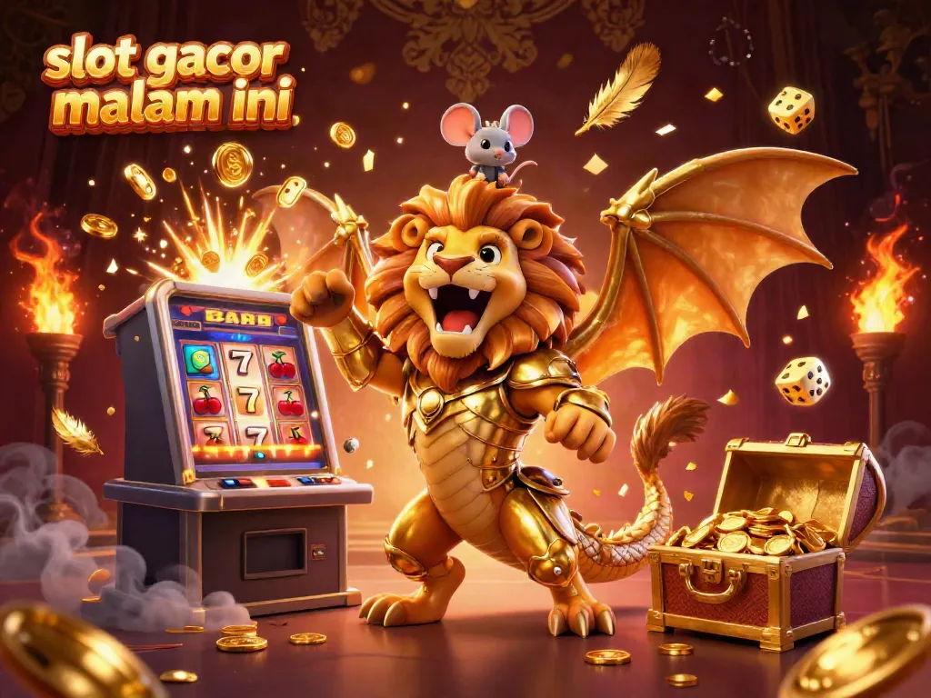 Mengambil momen kemenangan dengan slot gacor malam ini, kerangka chimera berkilau dan mesin slot meledak penuh koin di latar belakang yang glamor.