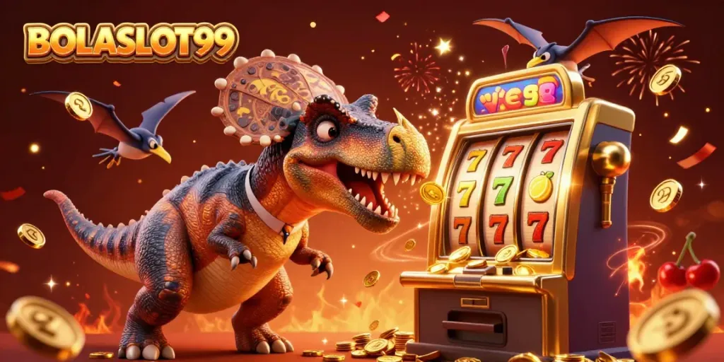 BOLASLOT99 celebrates a jackpot win with vibrant 3D characters amidst falling coins and colorful slot symbols.
