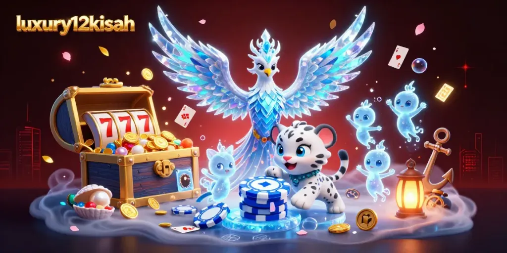 Experience thrilling gameplay with luxury12kisah's enchanting 3D casino scene featuring vibrant characters and slot reels.
