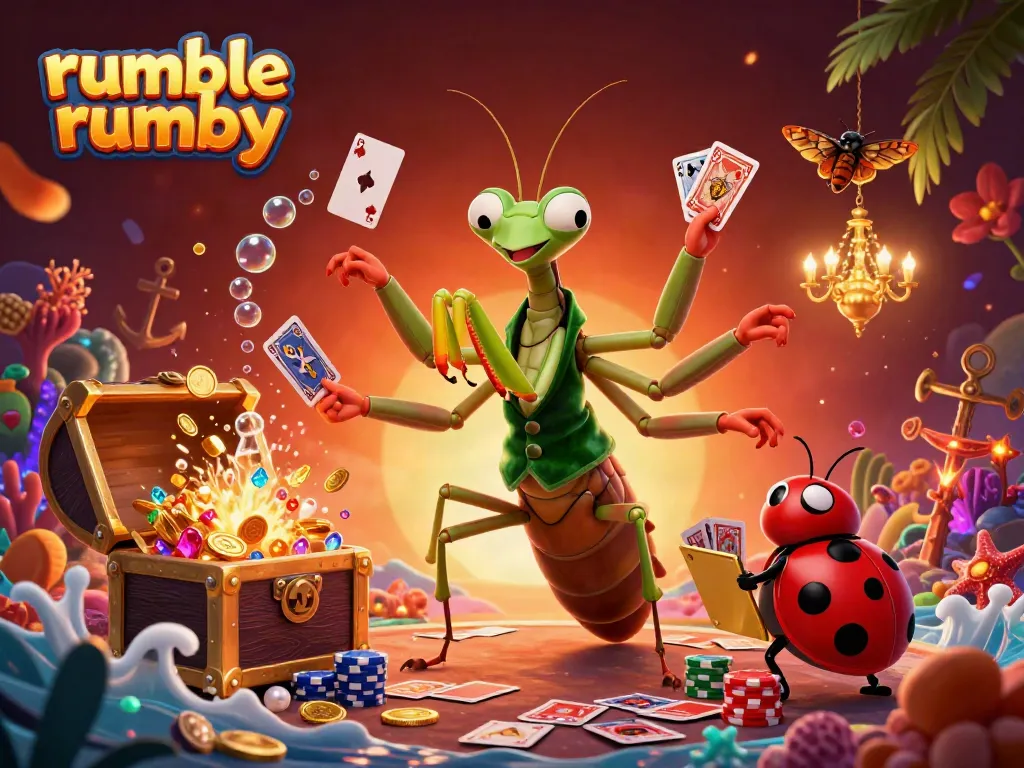 Engaging scene depicting a giant praying mantis and ladybug pit boss celebrating while playing rumble rummy with vibrant casino elements.