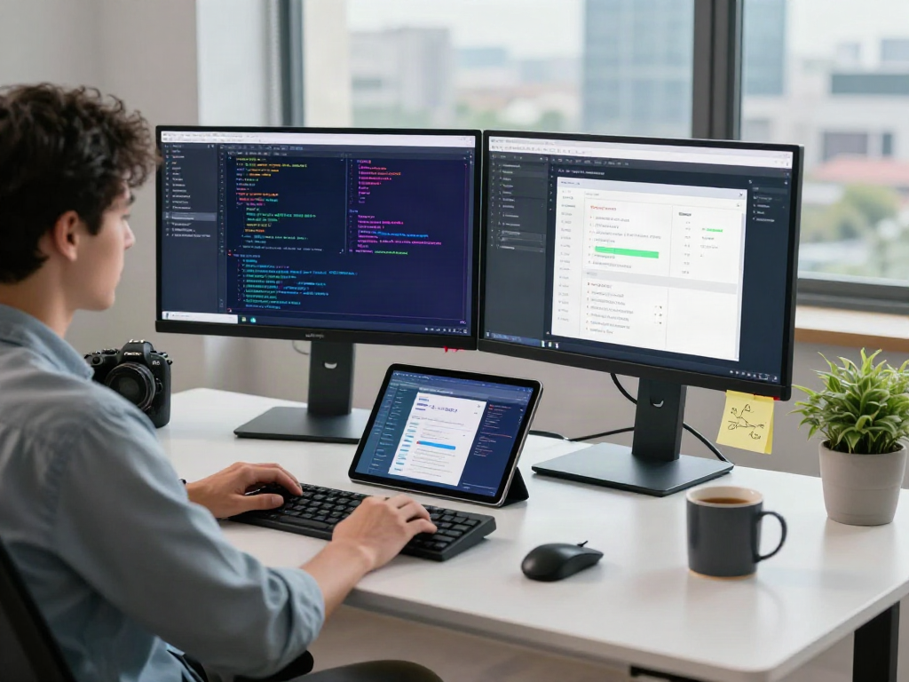 Innovative software development workspace showcasing coding on monitors at https://alo8app.win/ with a modern desk setup for efficiency.