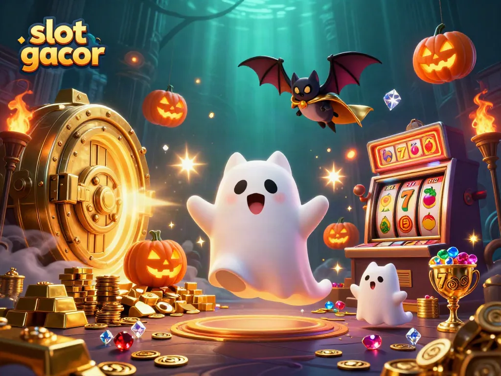 Spin vibrant slot gacor reels as a friendly ghost cat explores a haunted casino.
