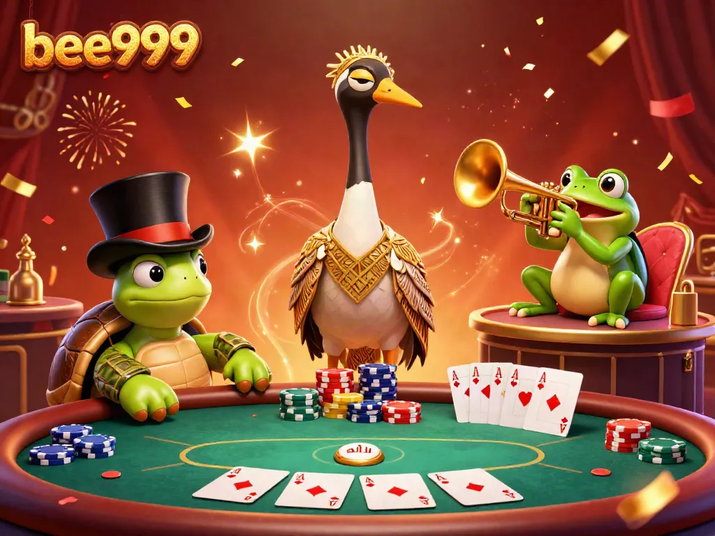Experience vibrant casino action with bee999 featuring a flamboyant crane, turtle, and frog in 3D art.