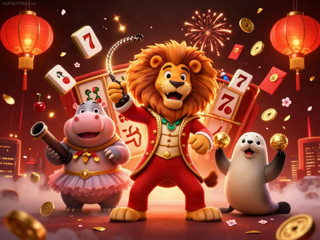 Experience gaming excitement with rtpbig777hariini featuring vibrant circus characters among slot reels and festive decorations.