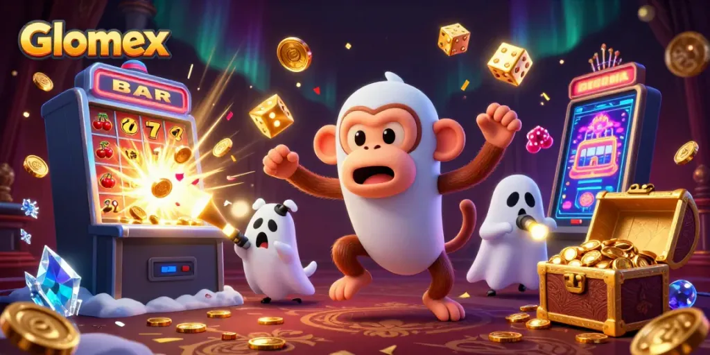 Engage with Glomex's casino action featuring a lively ghostly monkey and curious puppy.