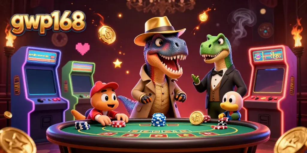 Gwp168 menunjukkan velociraptor di meja blackjack, ditambah elemen permainan kasino berwarna-warni.