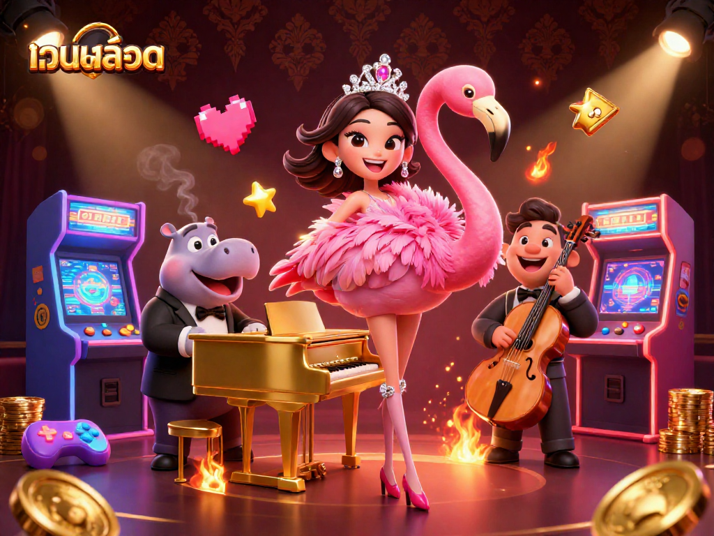 Experience เว็บสล็อต excitement with a colorful 3D casino scene featuring vibrant characters and dynamic game elements.
