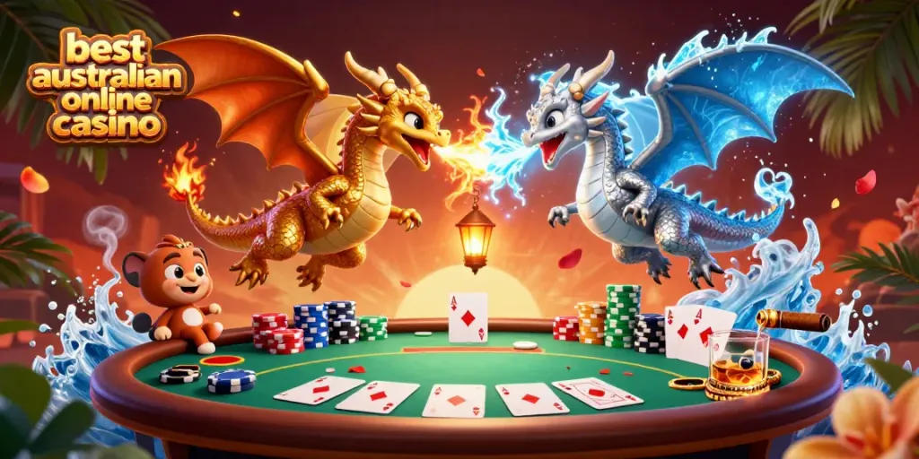 Engaging scene depicting a fierce battle between gold and silver dragons alongside the best Australian online casino elements.