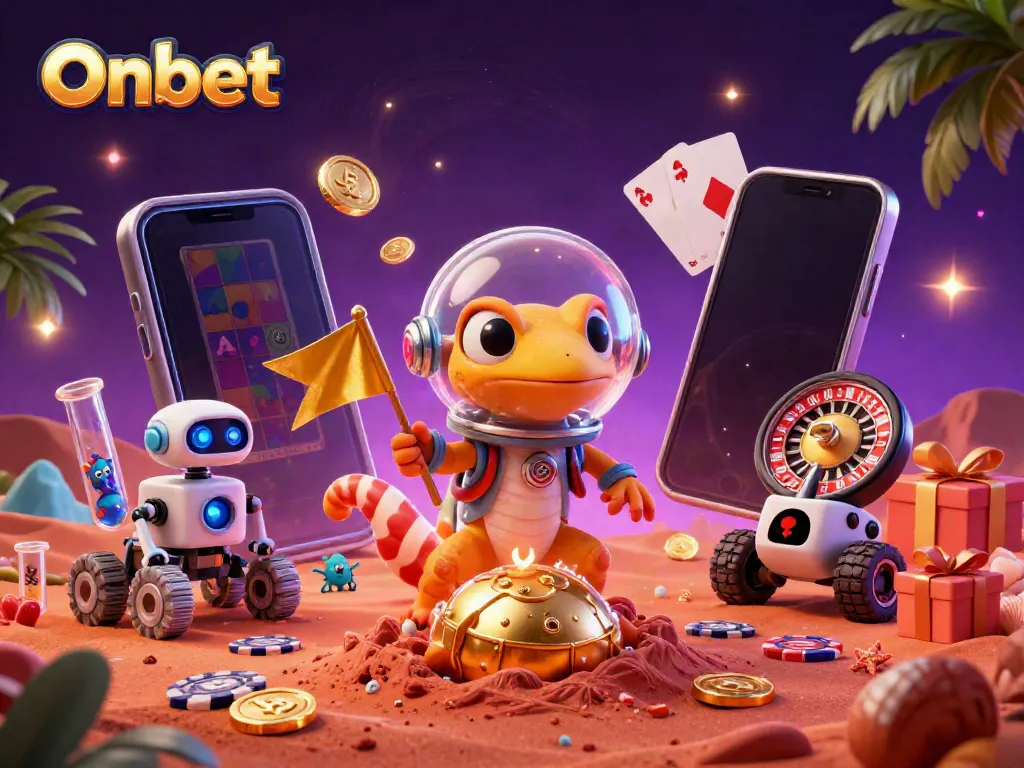 Onbet gaming art featuring a playful Martian gecko and robot at a golden casino with vibrant slot game elements.