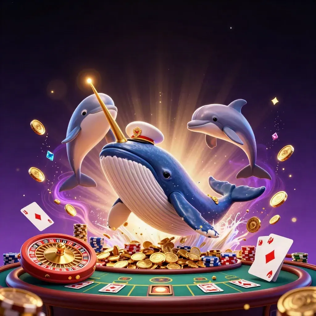 Whale captain, narwhal, and dolphins burst through coins with glowing casino props.