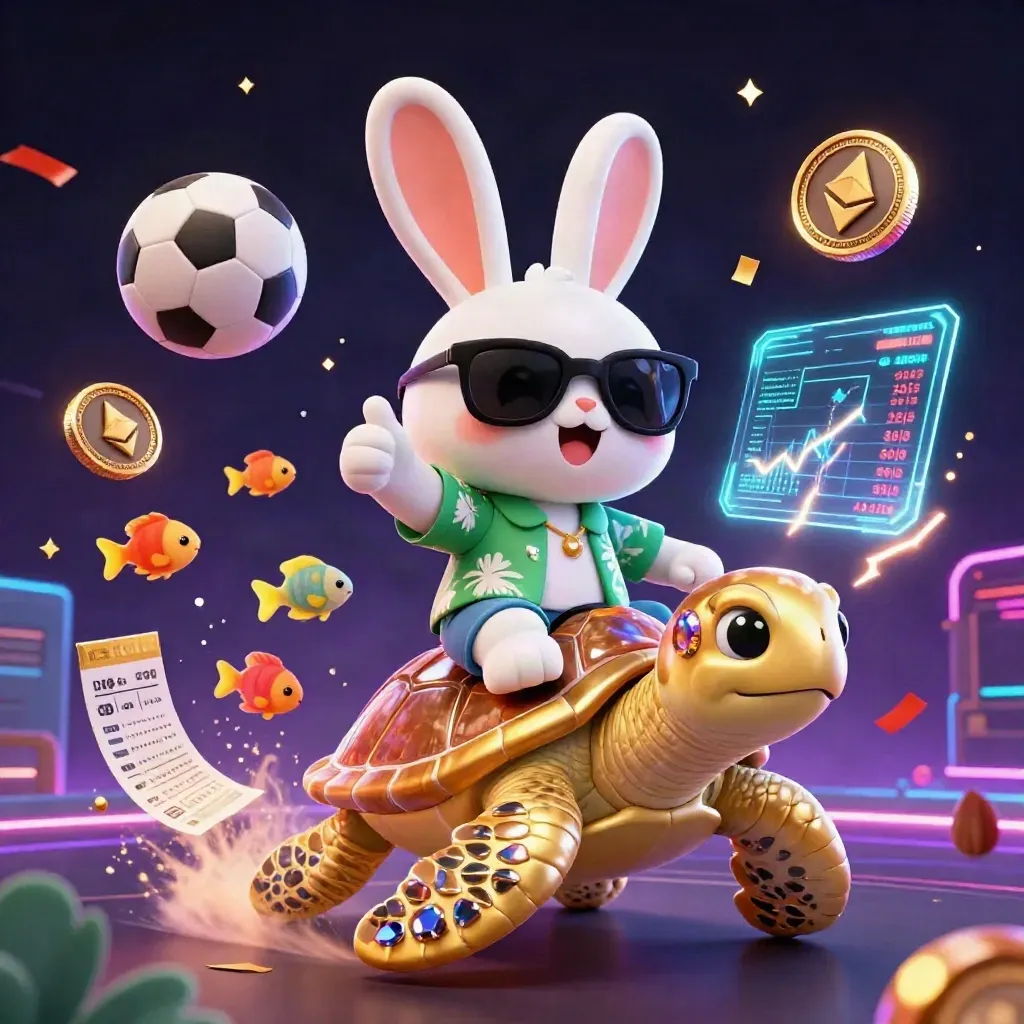 Lucky rabbit on a golden turtle amid casino coins, sports balls, and neon sparks.