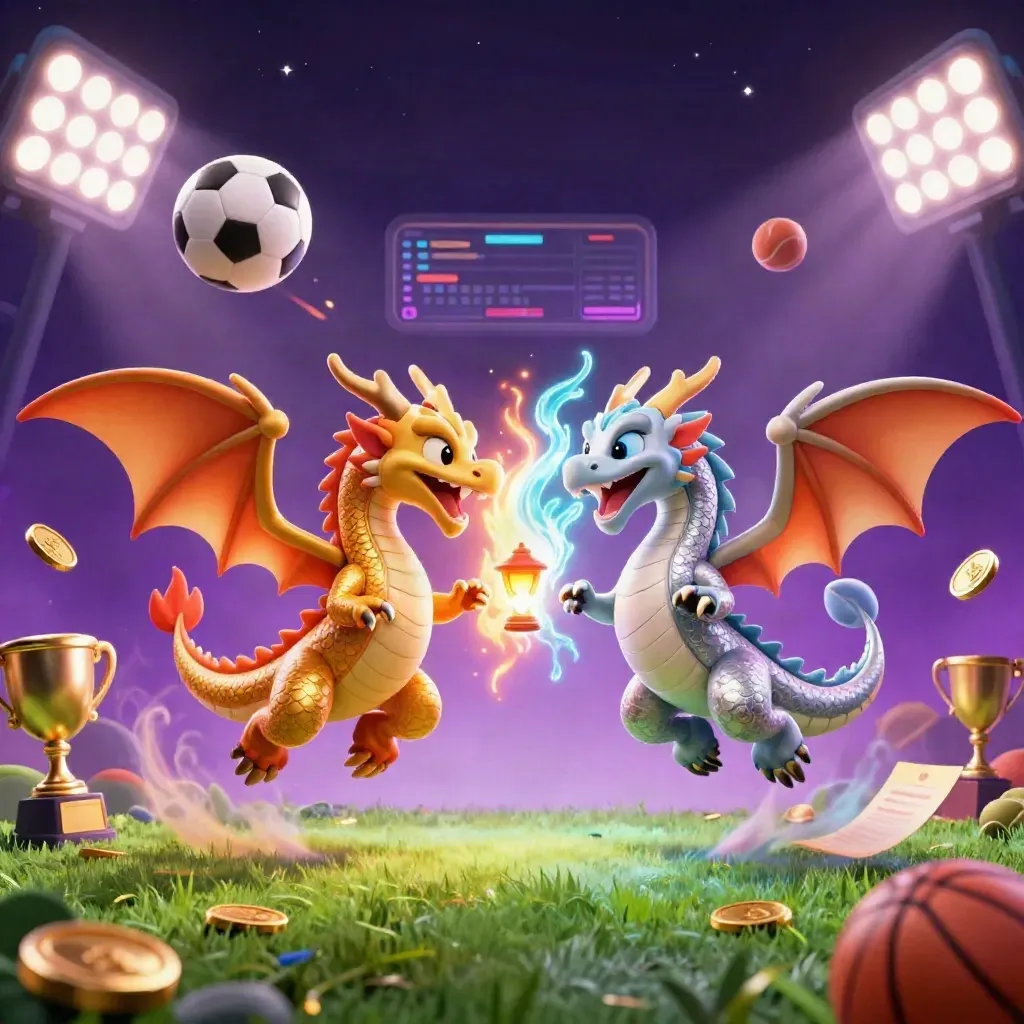 Gold and silver dragons swirl with fire and ice above flying balls, trophy, coins, and stadium lights.