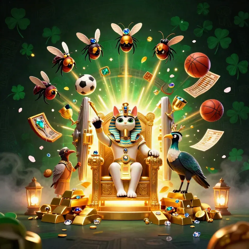 Pharaoh cat, ibis scribe, and gem-winged scarabs amid vault gold, balls, and casino glow.