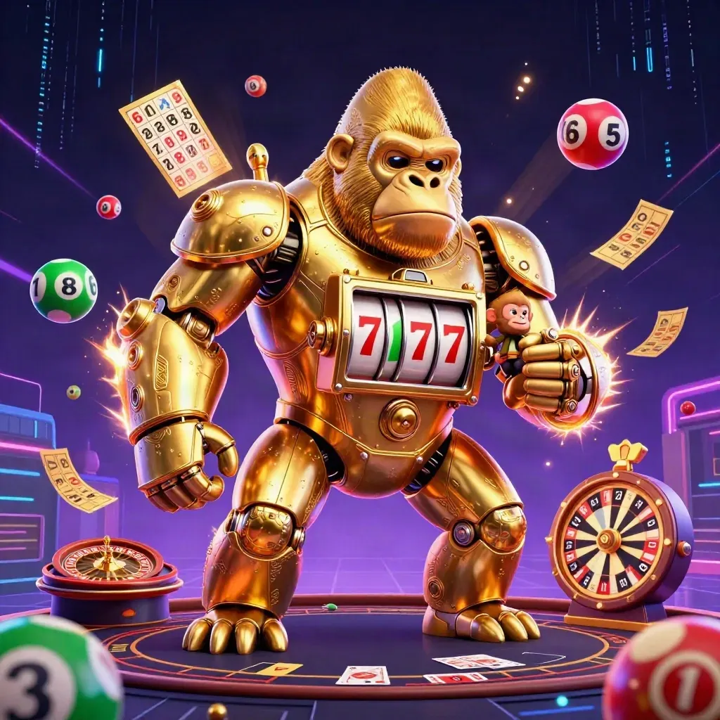Golden gorilla mech with tiny monkey pilot amid casino lights, lottery balls, prize wheel and blackjack table.