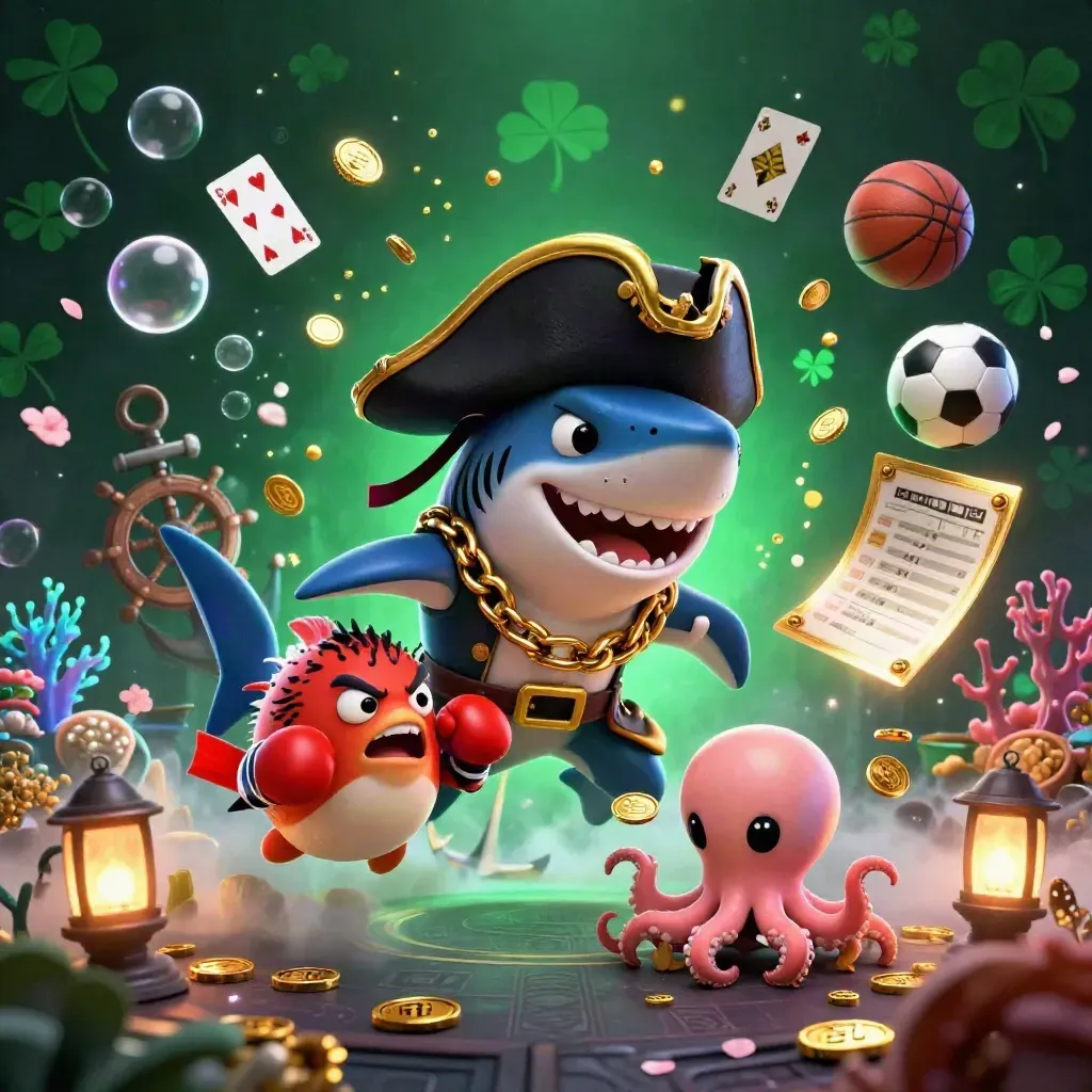 Pirate shark, pufferfish, and baby octopus amid coins, cards, coral, and glowing casino sports props.