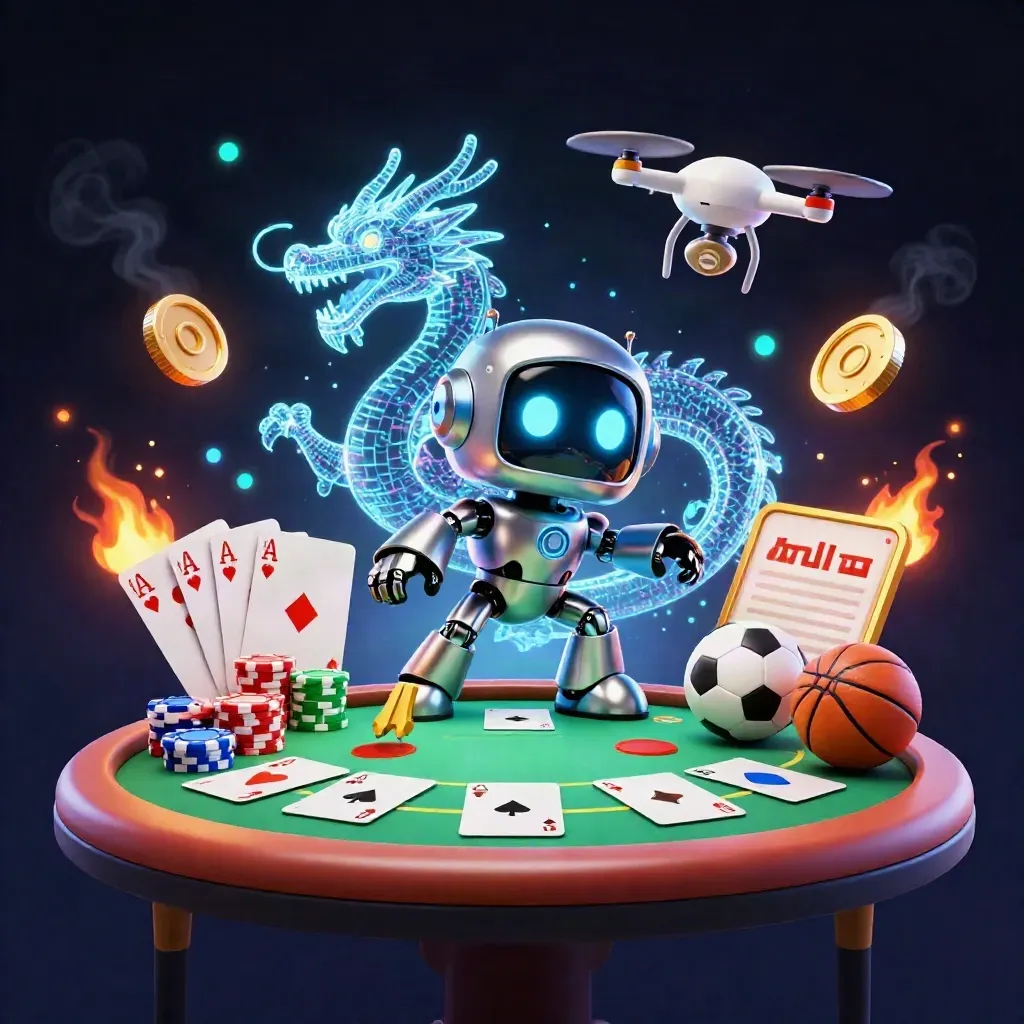 Cyberpunk robot, holographic dragon and drone amid poker chips, cards, and sports balls in neon casino light
