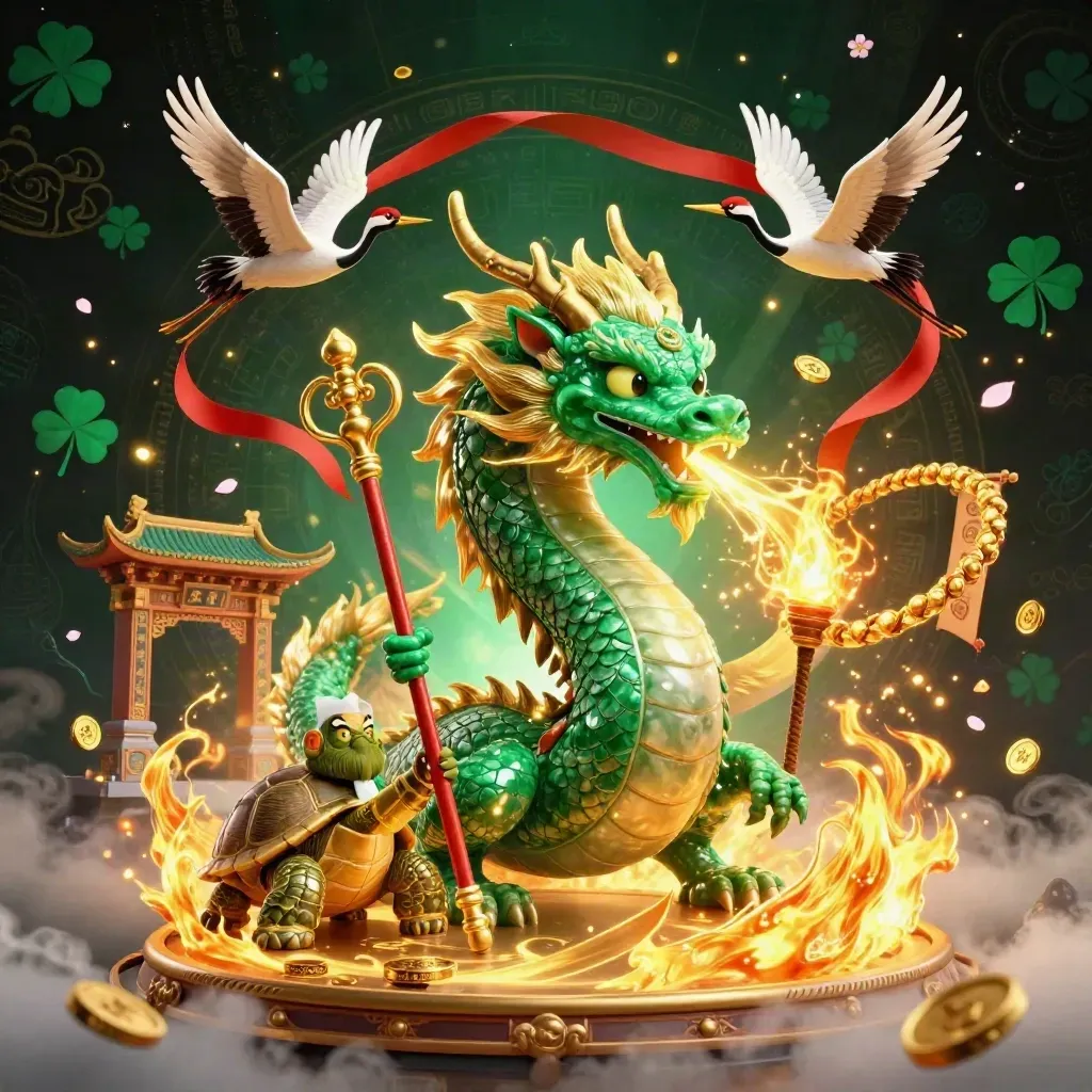 Jade dragon, turtle sage, and cranes in a glowing casino-temple scene with gold fire and fog.