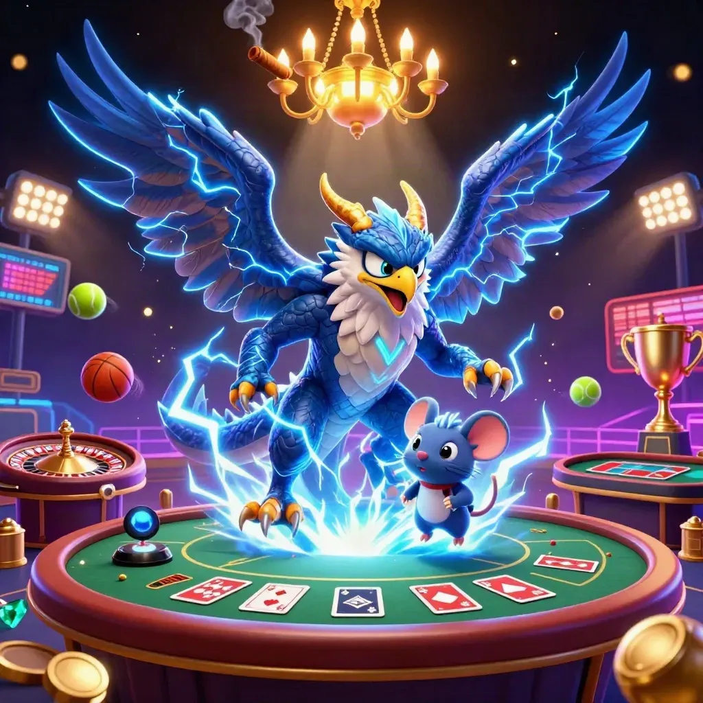 Thunder dragon, hawk, and mouse amid casino lights, coins, sports balls, and a spinning roulette wheel.
