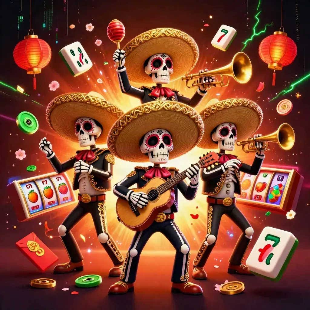 Three skeleton mariachi stars amid casino tiles, lanterns, coins, fireworks, and neon green energy.