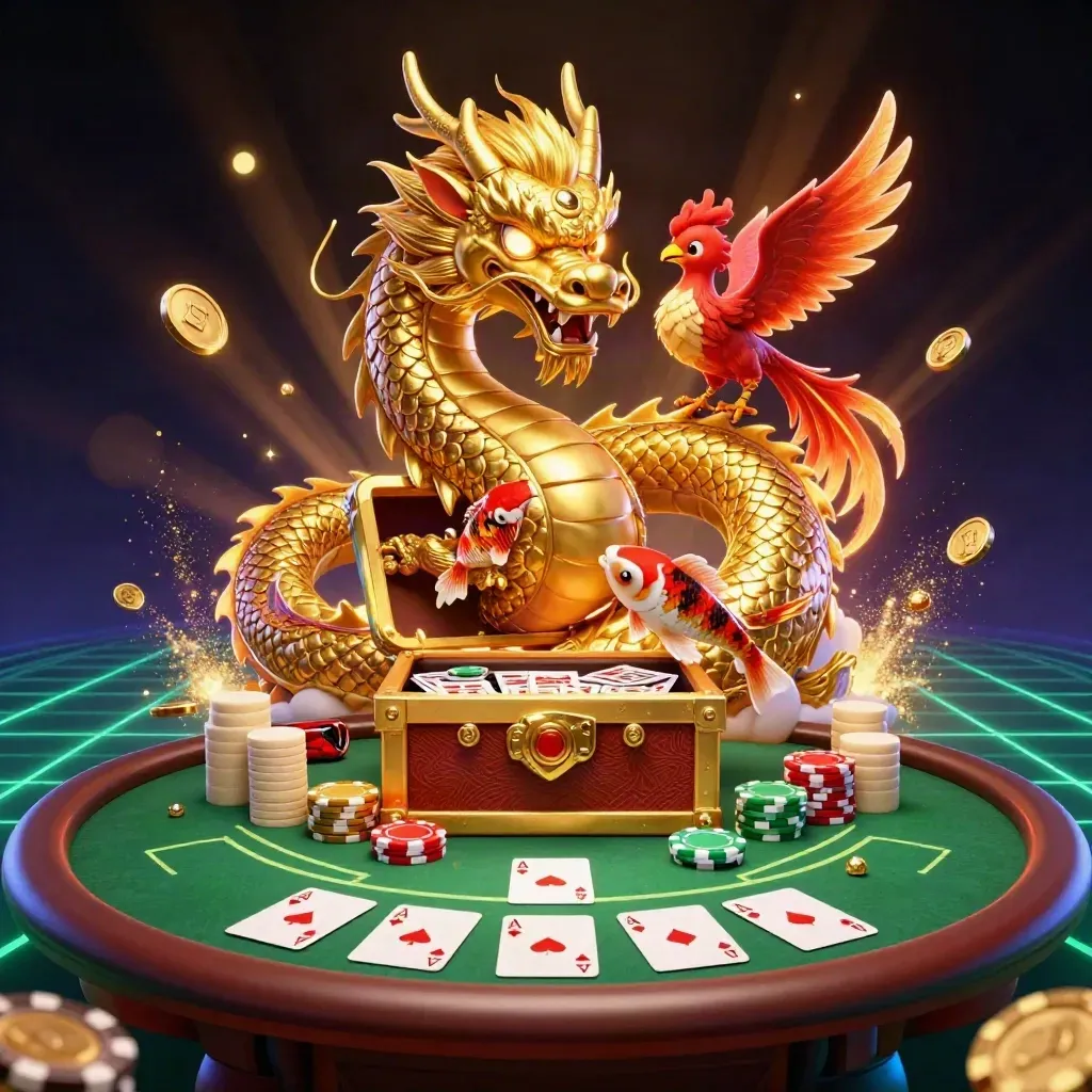 Golden dragon, phoenix, and koi burst from a treasure chest amid poker chips and aces.