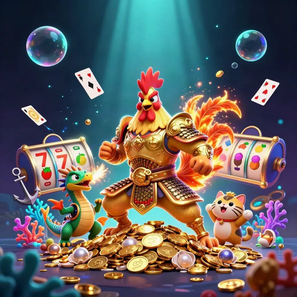Samurai rooster, spark-breathing hatchling and fortune-cat amid underwater gold, cards and cyan glow