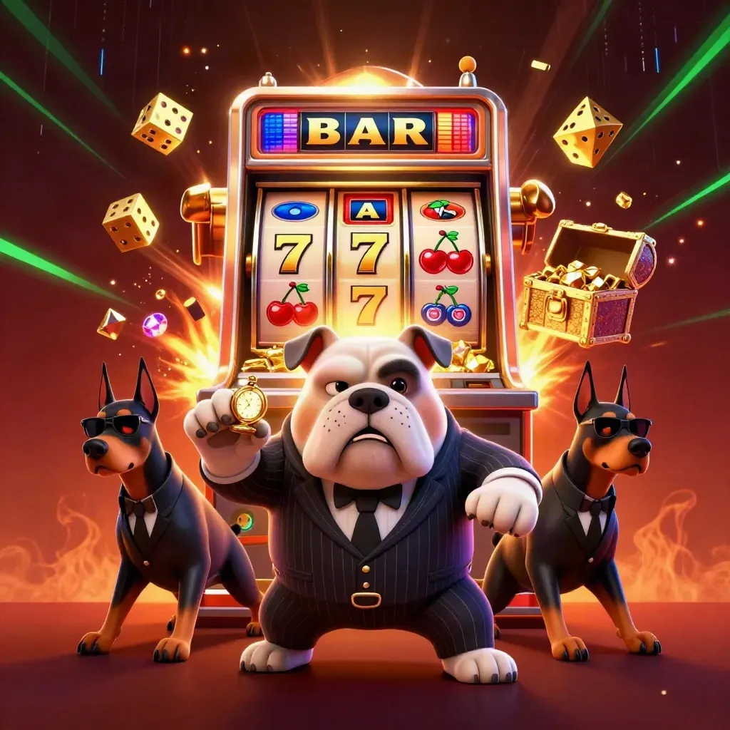 Bulldog boss and Doberman guards amid bursting slot machine gold on a fiery casino backdrop.